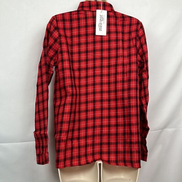 Meaneor red and black plaid button-down long sleeve collar shirt for wom… - Picture 6 of 13